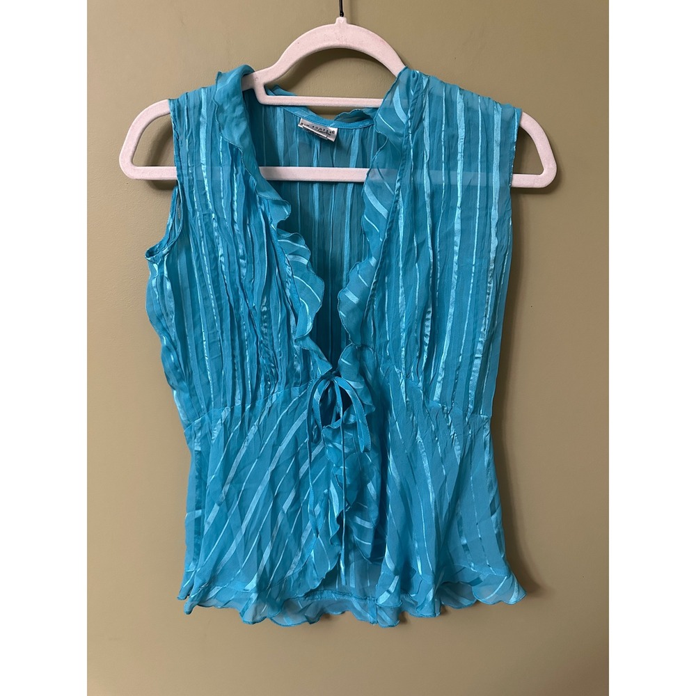 Kim Rogers Signature Sheer Jacket Top Sz S‎ Ruffle Tie Front Aqua Fairy Vest Y2K